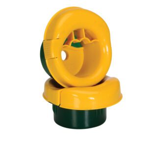 A child-proof cap similar to the Vestil Fingertip Stretch Wrap Dispenser has a yellow and green plastic design with two interlocking parts: a rounded top featuring a circular handle, and a cylindrical bottom that attaches to containers.