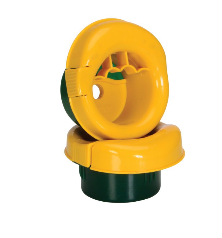 SWD-1_A.jpg A child-proof cap similar to the Vestil Fingertip Stretch Wrap Dispenser has a yellow and green plastic design with two interlocking parts: a rounded top featuring a circular handle, and a cylindrical bottom that attaches to containers.