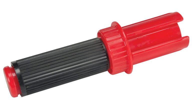 A red and black plastic nozzle with a ribbed handle and adjustable red cap, similar to the Vestil Handheld Stretch Wrap Dispenser 5X1.5 In, is ideal for hose connections or water spraying systems.