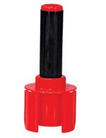 A marine drain plug with a ribbed handle and rubber seal mirrors the efficiency of the Vestil Handheld Stretch Wrap Dispenser 5X3 In. Designed for boat drainage systems, it features a sturdy red base and black grip on top.