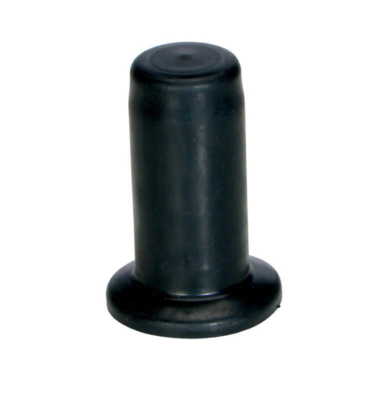 The durable black rubber end cap, like the precision of a Vestil Squeeze Grip Stretch Wrap Dispenser, features a cylindrical shape with a rounded top. Its slightly wider base ensures stability and secure placement over rod or pipe ends.