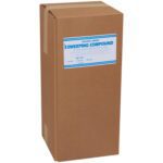 A large brown cardboard box labeled Sweeping Compound stands upright, prominently displaying its Environsweep - 100 lb. (100Lbs/Case). The label highlights its weight and contents, and the box is securely sealed with tape at the top.