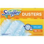 A yellow Swiffer Duster Refills box (10/Case) with a green logo, blue duster illustration, and the phrase Traps + Locks dust and allergens; contains 10 unscented refill dusters.