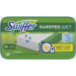 The Swiffer® Sweeper Pads - Wet Cloths, 144 ct., feature packaging with stacked cloths, water droplets, a trap-and-lock icon, and open-window fresh scent text. They are ideal for efficient cleaning, available in either 12 wet cloth packs or bulk options like the 144 ct.