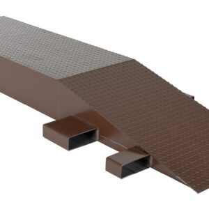 A metal skateboard ramp with a textured, non-slip surface and gradual incline to a flat top resembles the brown Vestil Steel Wheel Riser 96L X 24W X 10.25H, featuring sturdy support with visible rectangular beams.