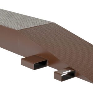 The Vestil Steel Wheel Riser 108L X 24W X 12.25H has a brown metal ramp with a textured surface and gradual incline, supported by three square hollow pillars on each side for stability and durability.