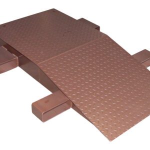 The Vestil Steel Wheel Riser 72L X 24W X 12.25H provides sturdy support to the metal wheelchair ramp with its diamond plate texture and inclined surface, featuring four rectangular supports, ensuring a stable platform for mobility devices.