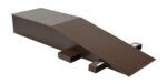 The Vestil Steel Wheel Riser 84L X 24W X 12.25H is a brown metal ramp with a textured surface and rectangular base, supported by two blocks, perfect for efficiently lifting vehicles or heavy equipment.