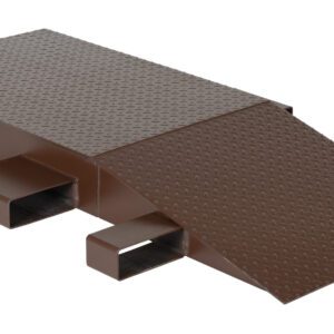 The brown Vestil Steel Wheel Riser 60L X 24W X 6.25H has a textured surface, featuring a flat platform leading to an inclined ramp with rectangular supports on each side, ideal for bridging height gaps during loading.