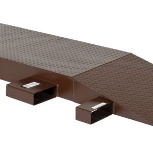 The Vestil Steel Wheel Riser 72L X 24W X 6.25H is a brown metal ramp with a textured surface, featuring a flat rectangular section leading to an inclined slope and hollow rectangular supports underneath for stability.