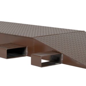 The Vestil Steel Wheel Riser 84L X 24W X 6.25H includes a brown metal ramp with a diamond plate surface, an 84L x 24W x 6.25H flat section, and a gradual incline supported by three sturdy beams underneath.