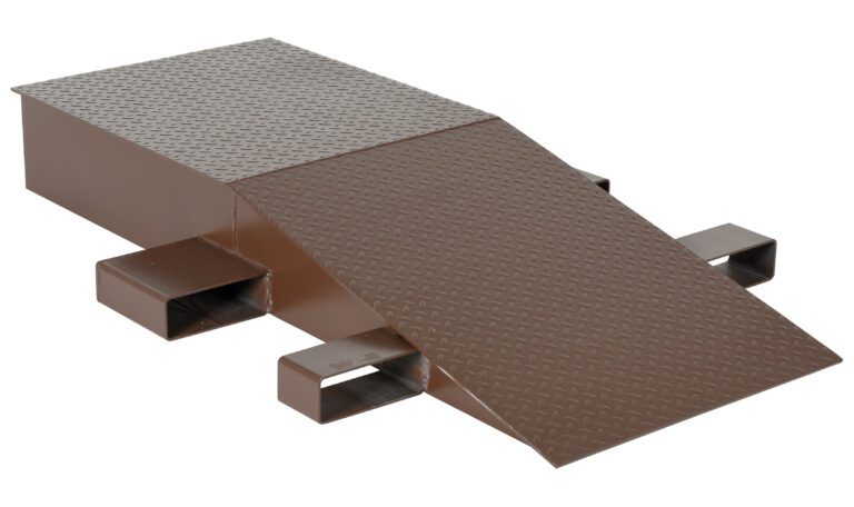 The brown metal loading dock approach ramp with a textured surface matches the Vestil Steel Wheel Riser 60L X 24W X 8.25H and features a flat platform, inclined section, and rectangular bases for easy vehicle or equipment access.