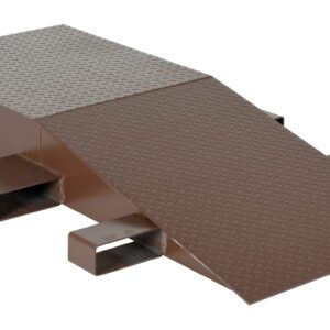 The brown metal loading dock approach ramp with a textured surface matches the Vestil Steel Wheel Riser 60L X 24W X 8.25H and features a flat platform, inclined section, and rectangular bases for easy vehicle or equipment access.