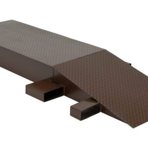 The Vestil Steel Wheel Riser 84L X 24W X 8.25H complements this metal motorcycle loading ramp with its textured, non-slip surface and an earthy brown finish, ideal for elevating your ride to vehicles or platforms with a flat section leading to a slightly inclined ramp.