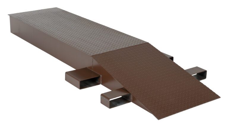 The brown Vestil Steel Wheel Riser (96L x 24W x 8.25H) is a metal loading ramp with a textured, slightly inclined design. It features a ridged surface for traction and rectangular side supports for stability.