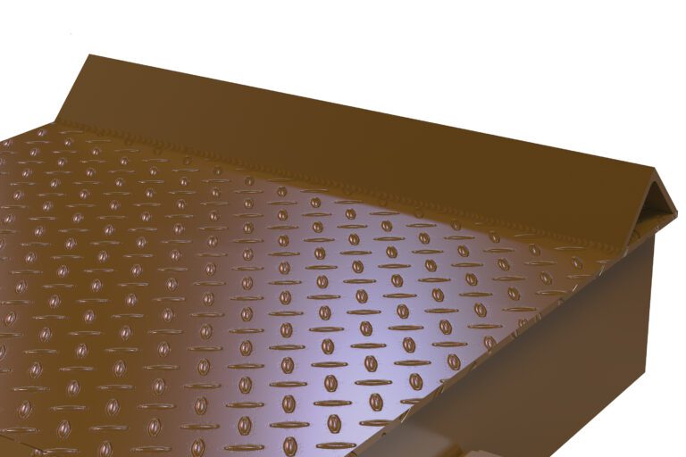 A close-up of a brown metal surface with a diamond plate pattern, resembling the Vestil Stl Wheel Riser W/ Roll Off Guard 72X18X10, features raised oval bumps forming a grid that enhances its reflective texture.