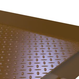 Close-up of a brown metal sheet with a raised diamond pattern texture, similar to the Vestil Stl Wheel Riser W/ Roll Off Guard 84X18X12. The sheet is angled, showing one folded edge and casting shadows on a plain white background.