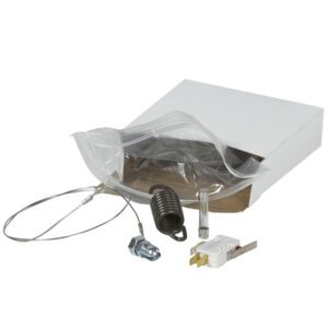 The MH-USA 32 Super Sealer Shrink Film Service Kit contains a thermostat repair kit with components like a spring, coiled wire, sensor, and connector, neatly packed in a white box with clear plastic packaging.