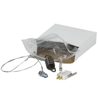 SWS40SK.jpg A meticulously crafted refrigerator defrost thermostat kit includes a spring, metal wire, and electronic components. It is placed next to a white box and a semi-transparent plastic bag, evoking the neat arrangement seen in the MH-USA 40 Super Sealer Shrink Film Service Kit.