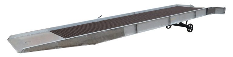 SY-257236-L_A.jpg The Vestil Alum Yard Ramp Steel Grating 74 Inx30 Ft, expertly designed for efficient loading and unloading, features metal sides and two black wheels for seamless mobility, with a slight upward angle visible in the image.