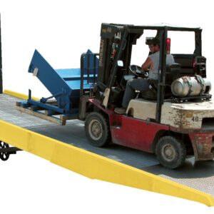 A forklift operator is maneuvering a red and gray forklift up a Vestil Yellow Curb Paint Option ramp, seamlessly blending into the plain white background. The efficient forklift carries blue equipment into the rear of a large truck.