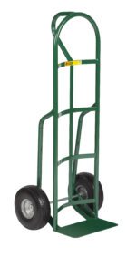 The Little Giant Industrial Strength Hand Truck boasts a sturdy metal frame with two large wheels. Its small flat base lifts heavy objects easily, while the curved top handle offers seamless maneuverability.
