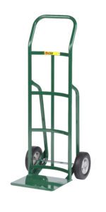 The Little Giant 12 Deep Reinforced Nose Truck, in green with two wheels and a flat base, offers efficient lifting and transporting. Its curved handle ensures easy gripping, while crossbars add stability and support for heavy-duty tasks.
