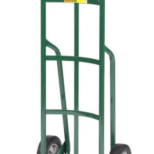 The Little Giant 12 Deep Reinforced Nose Truck, in green with two wheels and a flat base, offers efficient lifting and transporting. Its curved handle ensures easy gripping, while crossbars add stability and support for heavy-duty tasks.
