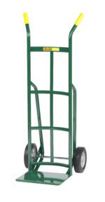 The Little Giant 12 Deep Reinforced Nose Truck features a sturdy build with a green frame, yellow handle grips, and two black wheels, making it ideal for effortlessly transporting heavy objects.