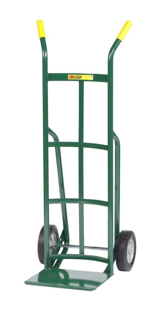 The Little Giant 12 Deep Reinforced Nose Truck features a sturdy build with a green frame, yellow handle grips, and two black wheels, making it ideal for effortlessly transporting heavy objects.