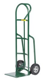 The Little Giant 12 Deep Reinforced Nose Truck, with a green frame, two black wheels, a curved handle, and flat platform at the base, is designed for efficient transport of heavy objects.