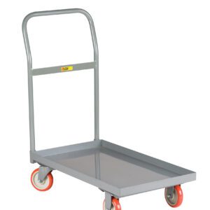 The Little Giant Steel Deck Platform Truck features a gray metal construction, tall handle, flat rectangular base, and four distinct red and white wheels, ideal for moving heavy items.