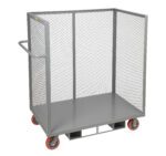 A Little Giant Forkliftable 3-Sided Bulk Truck in gray metal has high mesh sides, a flat base on four red wheels, and a handle for easy use. Its perfect for efficiently transporting or storing large items.