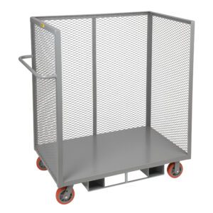 A Little Giant Forkliftable 3-Sided Bulk Truck in gray metal has high mesh sides, a flat base on four red wheels, and a handle for easy use. Its perfect for efficiently transporting or storing large items.
