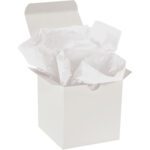 An open white cardboard box displaying MH-USA 12 x 18 White Gift Grade Tissue Paper (960 Sheets) against a plain white background.