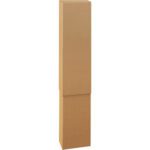 A tall, narrow cardboard box resembling the MH-USA Telescoping Outer Boxes (12 1/2 x 4 1/2 x 48, 15/Bundle) stands upright against a white background. Its plain, smooth surface lacks labels, and its closed top casts a subtle shadow on the ground.