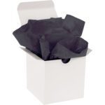 A white box containing MH-USA 15 x 20 Black Gift Grade Tissue Paper (960 Sheets) crumpled inside is partially open, set against a plain backdrop.