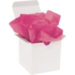 A white open box dramatically displays MH-USA 15 x 20 Cerise Gift Grade Tissue Paper (960 Sheets) spilling from the top, with the lid slightly ajar, revealing a vibrant, crumpled sea of cerise.