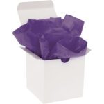 The white gift box is open, unveiling the luxurious MH-USA 15 x 20 Purple Gift Grade Tissue Paper inside.