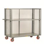 The Little Giant 3-Sided Adjustable Shelf Truck with mesh sides is a gray industrial metal cart with red wheels, offering two sturdy shelves. Designed for heavy-duty use, its perfect for transporting materials in warehouses or workshops.
