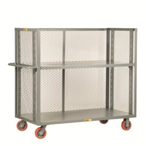 The Little Giant 3-Sided Adjustable Shelf Truck with mesh sides is a gray industrial metal cart with red wheels, offering two sturdy shelves. Designed for heavy-duty use, its perfect for transporting materials in warehouses or workshops.