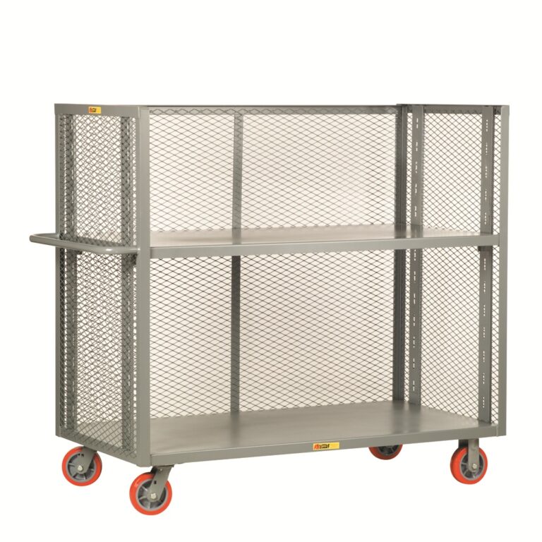The Little Giant 3-Sided Adjustable Shelf Truck with mesh sides is a gray industrial metal cart with red wheels, offering two sturdy shelves. Designed for heavy-duty use, its perfect for transporting materials in warehouses or workshops.