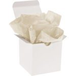 An open white box filled with MH-USA 20 x 30 Khaki Gift Grade Tissue Paper (480 Sheets) features crumpled beige sheets adding elegance, set against a plain white background with invitingly open top flaps.