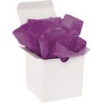 A white open box contains crumpled MH-USA 20 x 30 Plum Gift Grade Tissue Paper (480 Sheets), with the lid slightly ajar, revealing the vibrant tissue paper inside.