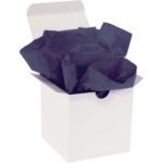 The white open gift box set against a pristine white backdrop, filled with crumpled black tissue paper and its lid slightly ajar, showcases the luxurious texture of MH-USA 20 x 30 Midnight Blue Gift Grade Tissue Paper (480 Sheets).