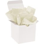 An open white gift box reveals crumpled MH-USA 20 x 30 French Vanilla Gift Grade Tissue Paper, set against a white background. The product includes 480 sheets, perfect for your gifting needs.