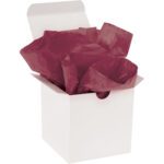 A white gift box with its lid partially open, filled with MH-USA 20 x 30 Cabernet Gift Grade Tissue Paper (480 Sheets).