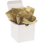 Partially open white gift box containing MH-USA Metallic Gold Gift Grade Tissue Paper, size 20 x 30, pack of 200 sheets.