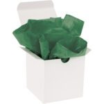 An open white gift box reveals the festive appeal of MH-USA 20 x 30 Holiday Green Gift Grade Tissue Paper (480 Sheets) neatly arranged inside.