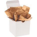 An open white box reveals the elegant touch of MH-USA 20 x 30 Metallic Copper Gift Grade Tissue Paper, artfully crumpled inside.